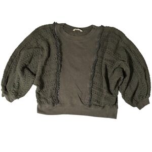 Rocks & Indigo Crochet Sleeve Sweatshirt Medium Olive Washed Balloon Knit Sleeve